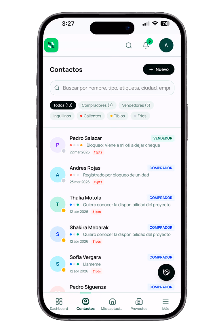 Pantalla del panel GeoBienes OS con la bandeja de leads del agente