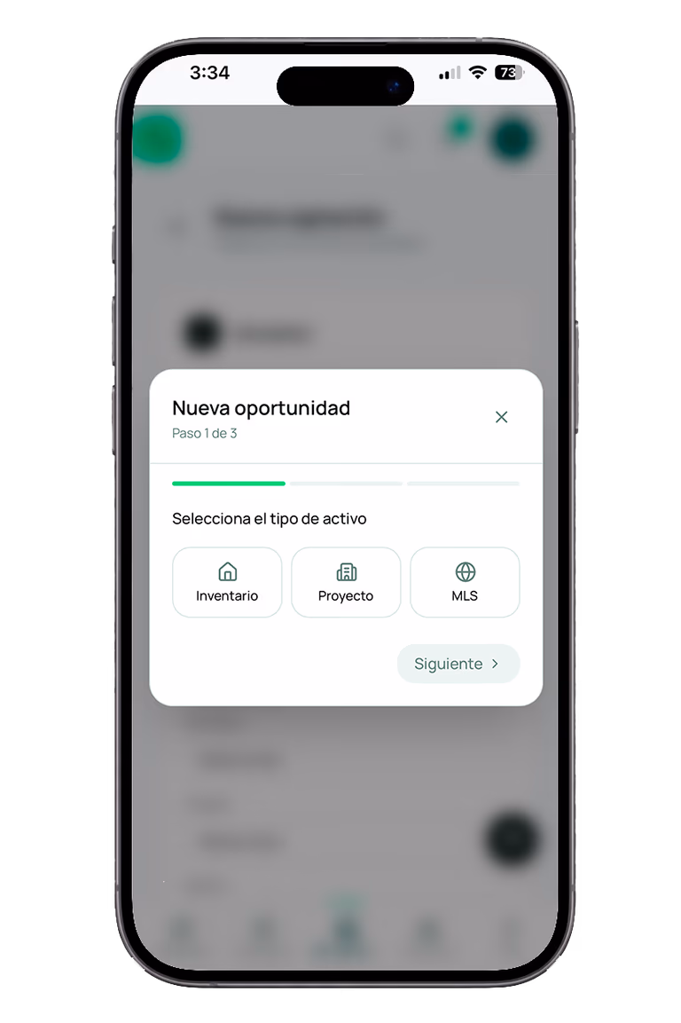 Pantalla del panel GeoBienes OS con el wizard para crear una nueva oportunidad de negocio