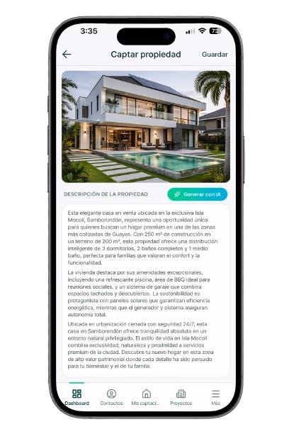 Pantalla del panel GeoBienes OS con descripciones de propiedad generadas por IA