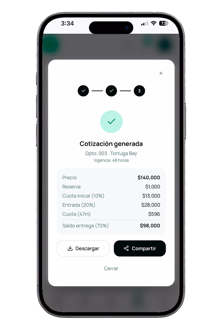 Pantalla del panel GeoBienes OS con una cotización de financiamiento generada automáticamente