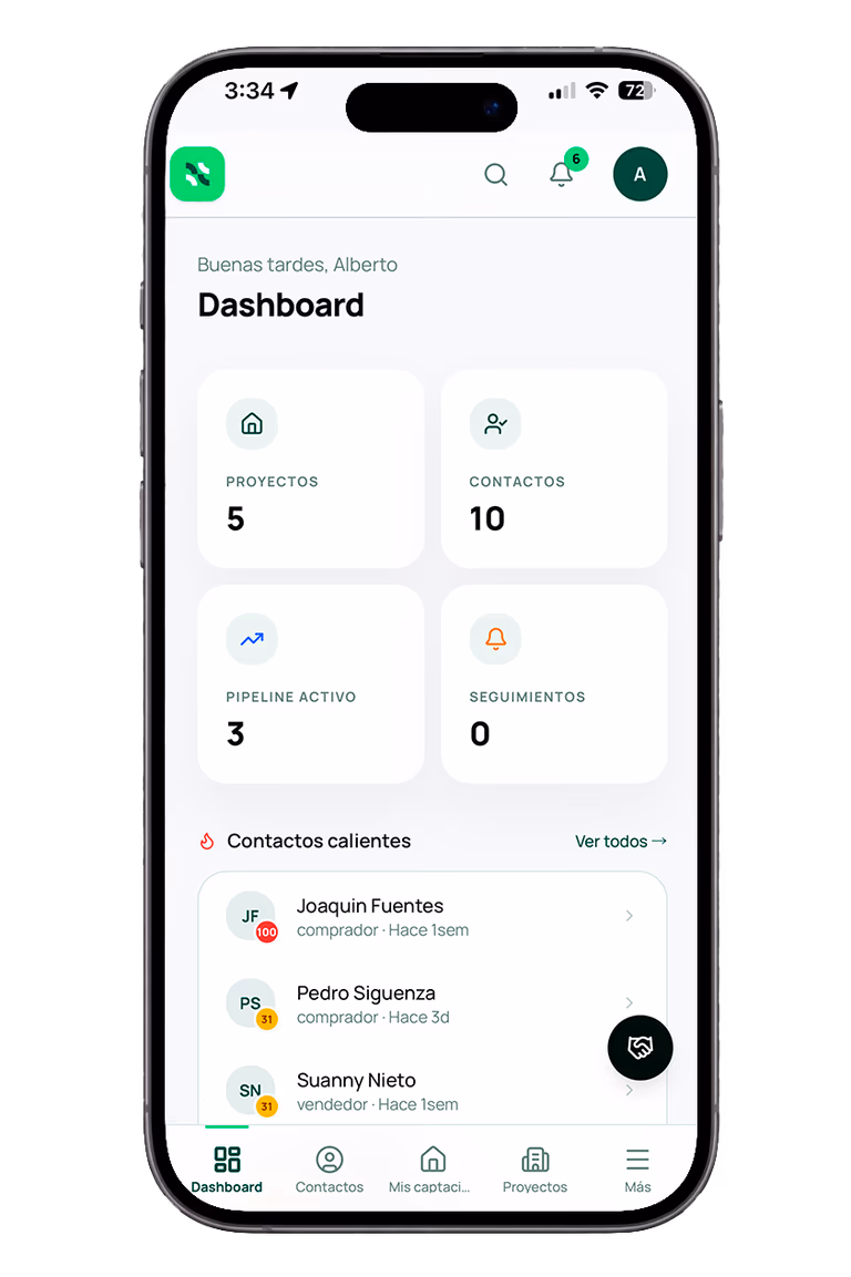 Pantalla del panel GeoBienes OS mostrando el dashboard con métricas, contactos calientes y resumen del pipeline