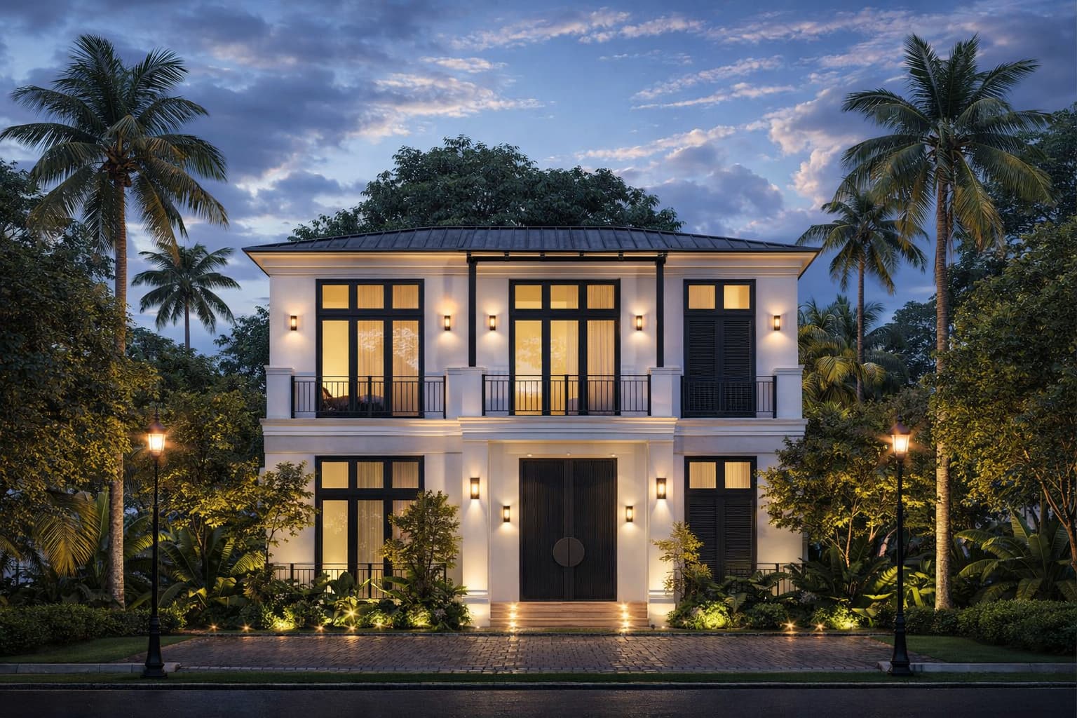 Casa premium con iluminación nocturna
